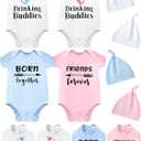 Cutecrop 4 Set Baby Boy Girl Twins Bodysuits Set Twins Matching Outfits Includes 4 Pcs Newborn Baby Romper 4 Pack Bibs and Hat for Boy Girl Gifts