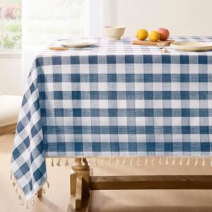 Softalker Checkered Tablecloth Rectangle, Outdoor Linen Cotton Gingham Table Cloth with Tassel, Heavy Duty Wrinkle Free Buffalo Plaid Table Cover for Kitchen Dining Home Party - 55 x 84 Inch, Navy