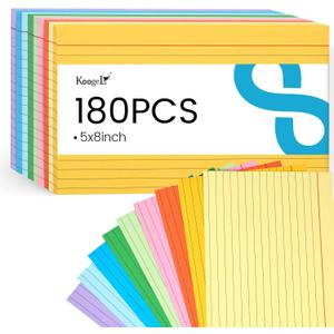 Koogel 180PCS Large Colored Index Cards, 5x8 Inch Lined Index Neon Colored Flash Cards with Both Sides Notecards for Back To School Studying School Classroom Note Taking Recipes Supplies