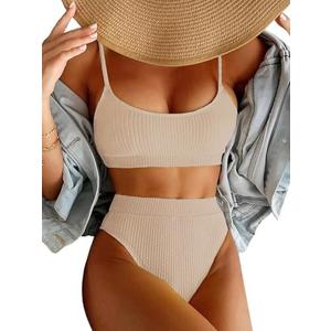 Lilosy High Waisted Tummy Control Ribbed Bikini Crop Top Brazilian Swimsuit, M