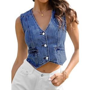 ELLEVEN Womens Summer Cropped Denim Vest, V-Neck Crop Western Jean Vest Top for Women Country Trendy Outfits
, Size Medium