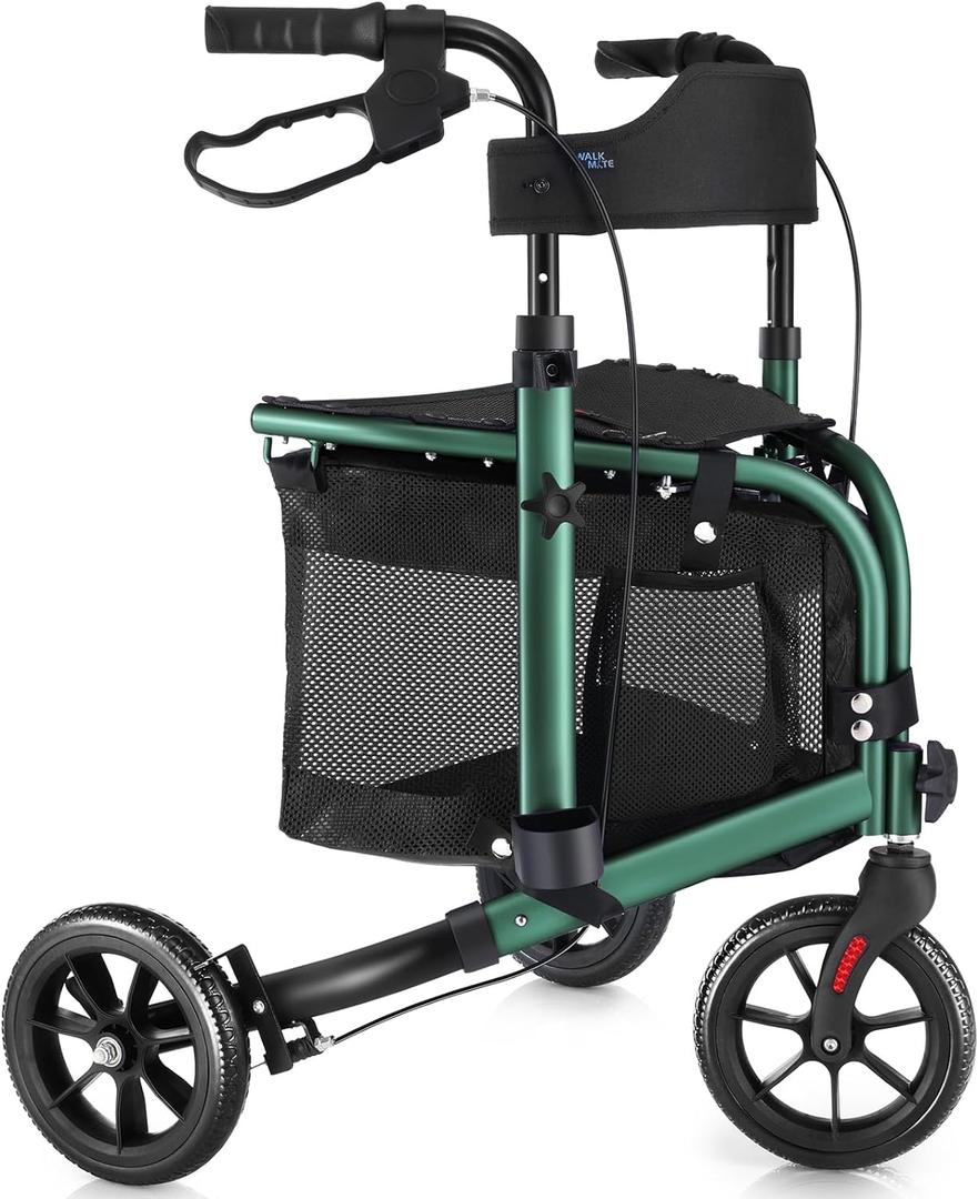 3 Wheel Rollator Walker with Seat for Slim Seniors, Padded Backrest Lightweight Foldable Walker Ideal for Elderly, 8 Inch Tri-Wheel Modern Mobility Walking Aid Aluminum, Green