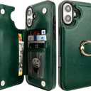 ONETOP for iPhone 16 Plus Wallet Case with Card Holder, 360 Rotation Ring Kickstand RFID Blocking PU Leather Double Magnetic Clasp Shockproof Cover for Women and Girls 6.7 Inch (Green)
