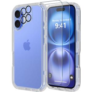 Diverbox for iPhone 16 Case [Shockproof] [Dropproof] [Tempered Glass Screen Protector + Camera Protectors] Heavy Duty Protection Phone Case Cover for Apple iPhone 16 (Clear)