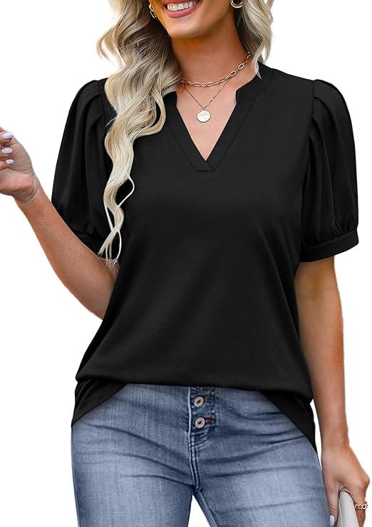 Women's Pleated Puff Sleeve Tops Summer V Neck Tunic Shirts Loose Curved Hem Blouses Dressy Casual, Size L, Black