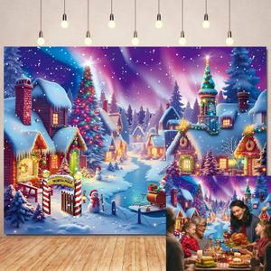 Christmas Village Photography Backdrop North Pole Snow Village Photo Backdrop Winter Night Xmas Tree Santa Party Decorations Holiday Photo Booth Banner (7X5FT)