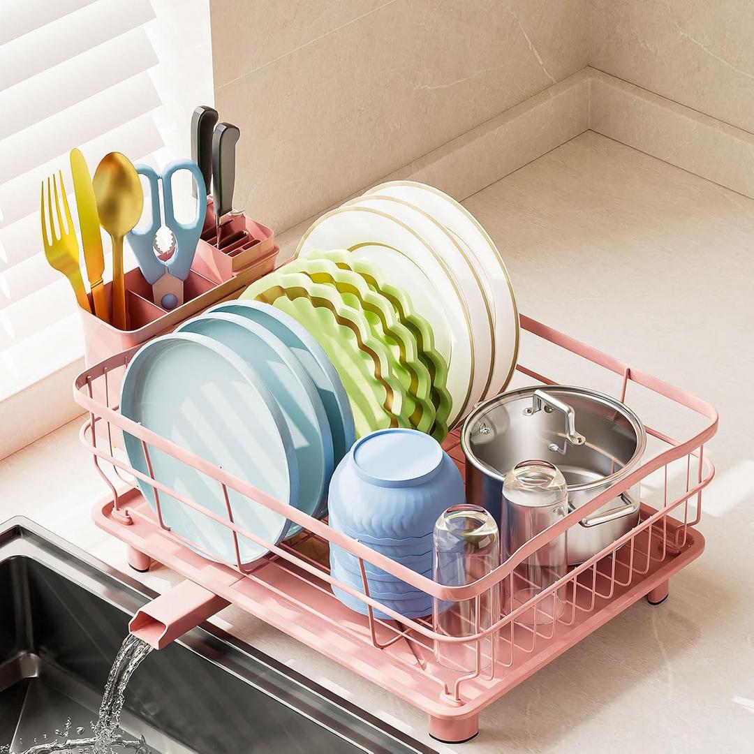 AIDERLY Iron Dish Drying Rack Auto Drain Dish Drainers Kitchen Counter Strainer with Draining Tray, Pink