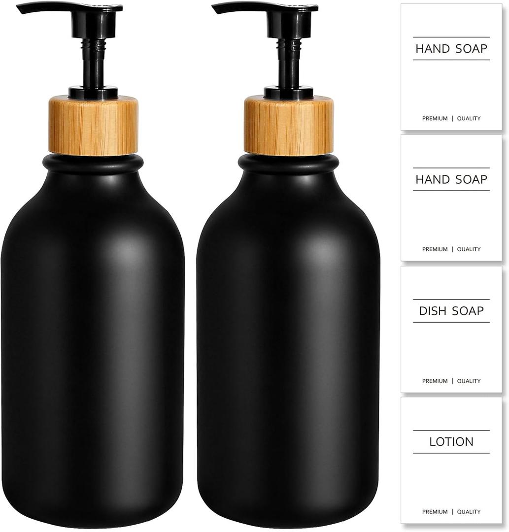 Hand Soap Dispenser Bathroom, Black Dish Soap Dispenser for Kitchen, 17 Fl Oz Plastic Hand and Dish Soap Dispensers Set with Bamboo Pump, 2 Pack Refillable Liquid Lotion Containers Bottle