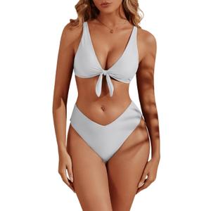 geluboao Bikini Sets for Women High Waisted Two Piece Swimsuit Sexy V Neck Tie Kont Push Up High Cut Bathing Suit (White, L)