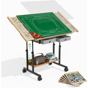 CODACE Puzzle Table with Drawers - 1500 Pieces Jigsaw Puzzles Table for Adults, Tilting Puzzle Board with 6 Sorting Trays and Cover, Tables with Adjustable Height Leg and Wheel, Puzzle Lover's Present