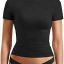 YEOREO Women Fitted Workout Tops Short Sleeve Double Lined Basic Y2K Going Out Crew Neck Compression Crop Top S