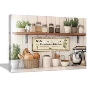 ZQQART Farmhouse Kitchen Wall Art Rustic Mason Jar Spice Canvas Prints Vintage Country Culinary Pictures Wall Decor for Dining Room Framed(White,12L x 18W)