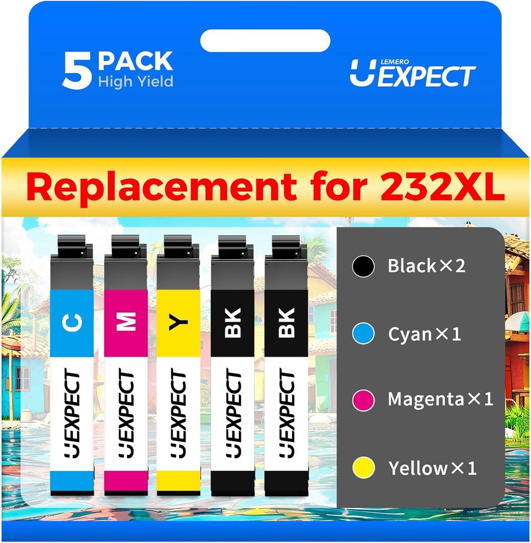 LemeroUexpect Replacement for 232XL Ink Cartridges Combo Pack Replacement for 232 Ink Cartridges for Printer WF-2930 WF 2950 XP-4200 XP-4205 Ink Printers, 5 Pack, 2*Black, Cyan, Magenta, Yellow