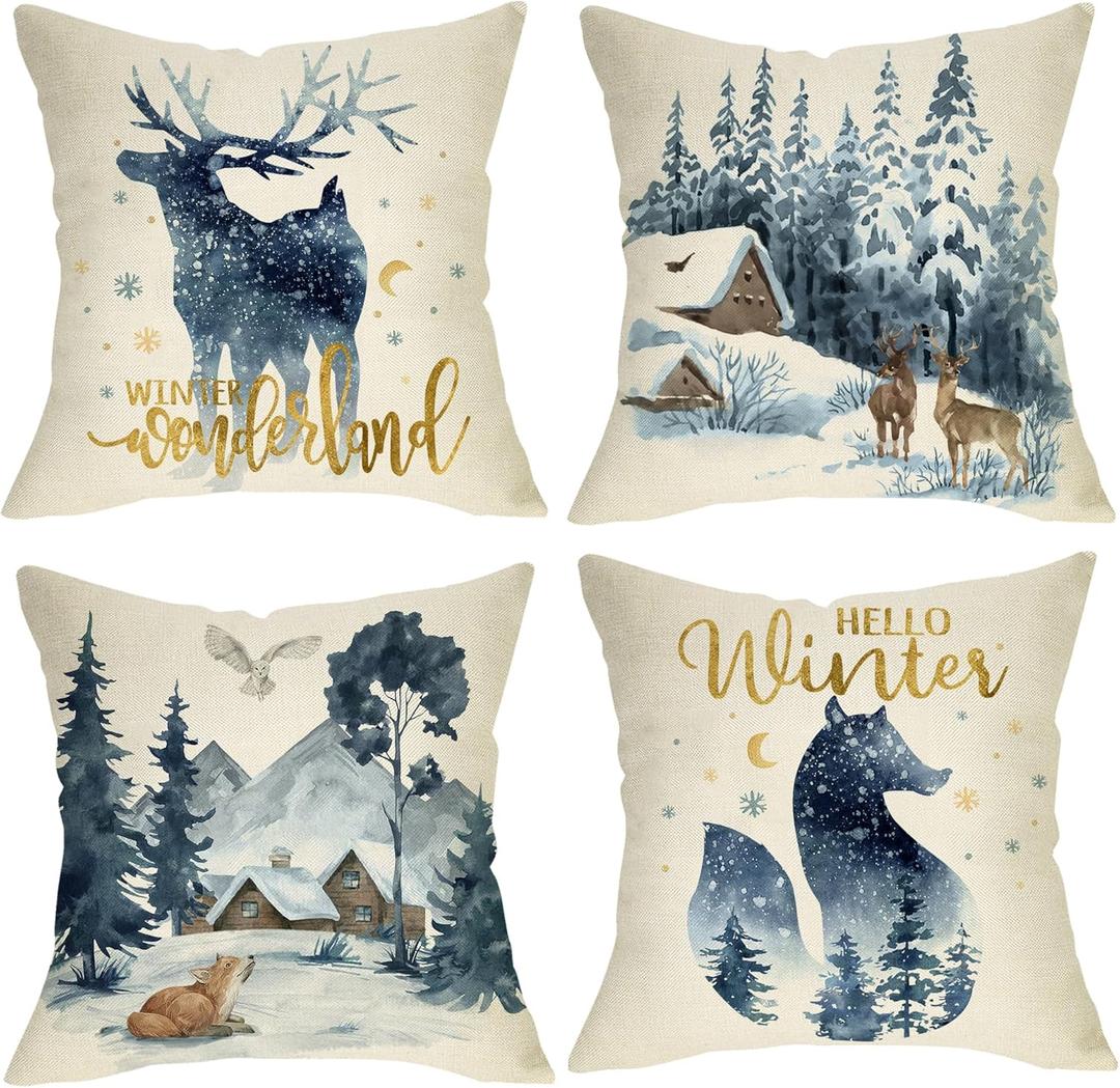 Hello Winter Wonderland Reindeer Fox Decorative Throw Pillow Covers 18x18 Set of 4, Forest Deer Owl Animal Snow Outdoor Porch Patio Home Christmas Decor, Blue Watercolor Tree Sofa Cushion Case