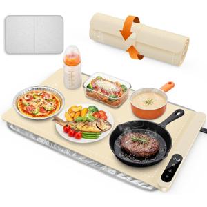 Food Warming Mat, Silicone Electric Warming Tray with 6 Adjustable Temperature, Full Surface Heating, Portable Roll Up Heating Mat with Heat-resistant Pad, Kitchen Food Warmer Pad for Buffets Party (Beige)