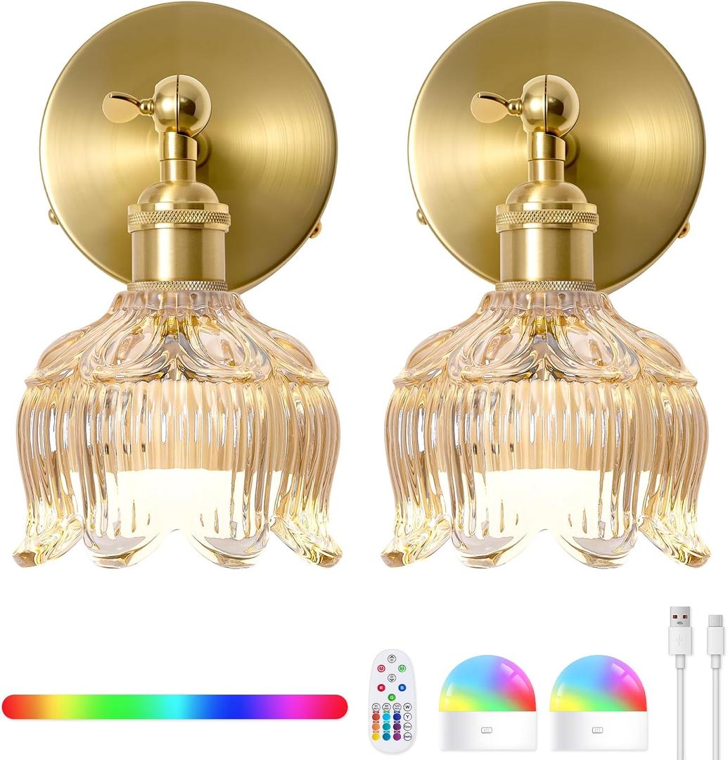 Vintage Battery Operated Wall Sconces - 5000mAh Rechargeable Dimmable Lights with Remote Control - Set of 2 Cognac Flower Glass Cordless Mounted Lighting - Wireless Powered Light Sconce for Bedroom