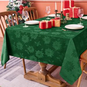 Biscaynebay Christmas Hunter Green Tablecloth Rectangle Tables 60x120 Inch-Fabric Xmas Holiday Winter Table Cloth-Jacquard Damask Poinsettia Modern Table Cover for 8 ft Kitchen Dinner Banquet Parties