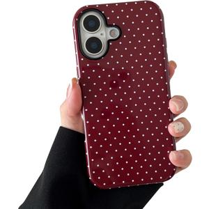Compatible with iPhone 16 Plus Case, Fashion Cute Polka Dot Pattern Aesthetic Design for Women, Soft TPU and Hard Back Shockproof Phone Case for iPhone 16 Plus 6.7 inch, Wine Red