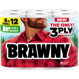 Brawny Tear-A-Square 3-Ply Paper Towels, 6 Double Rolls = 12 Regular Rolls, Strong, Absorbent, and Durable with 3 Sheet Sizes (Quarter, Half, Full)