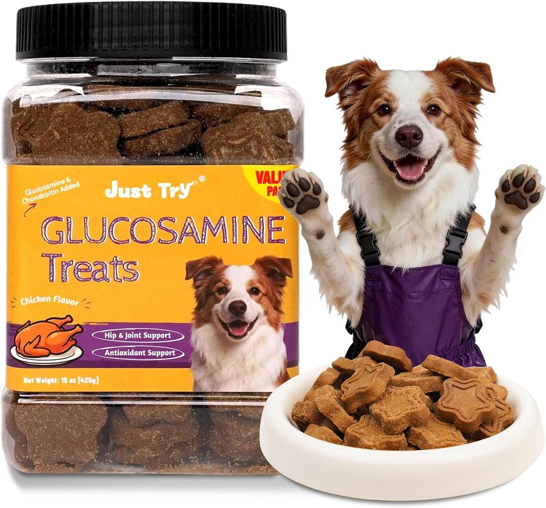 Just Try 15 oz Glucosamine Chondroitin for Dogs Hip & Joint Support Treats | Real chicken glucosamine chondroitin MSM green lipped mussel. Supports joint mobility flexibility. Crunchy training treats.
