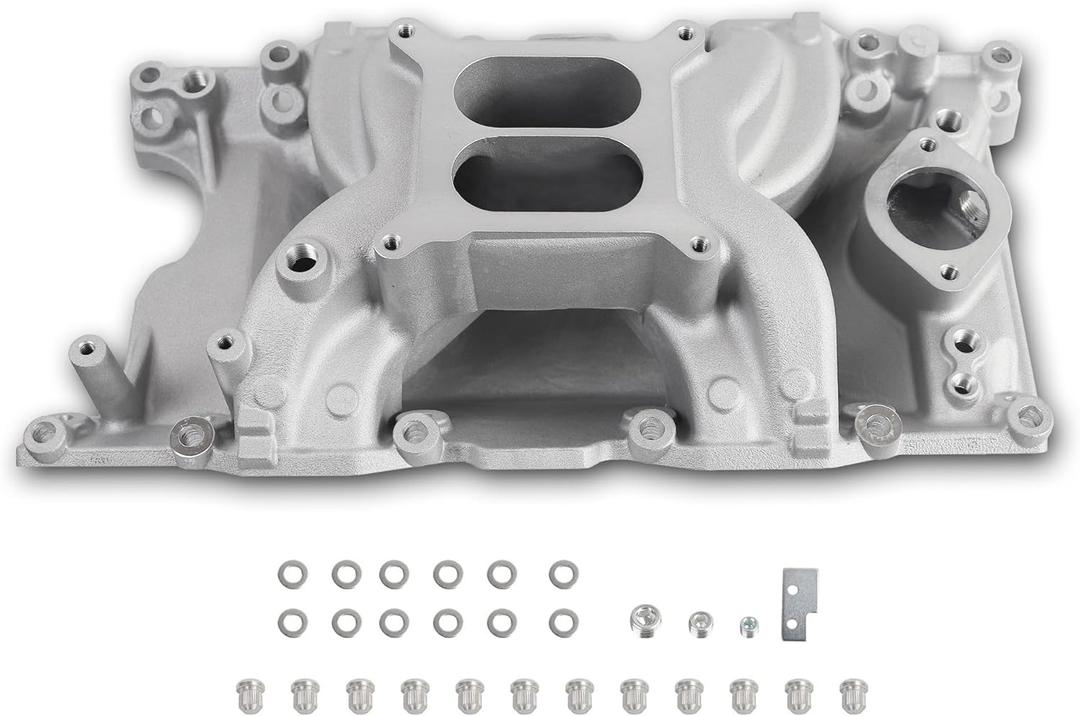 DM-3812 55026 7576 Intake Manifold Aluminum Dual Plane Compatible with Chrysler Mopar air Gap Small Block LA Magnum Dodge Jeep 11967-2003 318 340 360 1,500-6,500 RPM Silver
