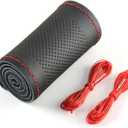 Pack-1 Leather Steering Wheel Cover, Universal Non-Slip Stitch On Wrap, DIY Car Wheel Cover Protector with Needle and Thread for Most Cars SUVs and Trucks (Black #3)