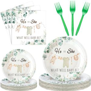 Sunnyray 96 Pcs Greenery Gender Reveal Plates Napkins Gender Reveal Baby Shower Party Supplies Baby Shower Paper Tableware Set Dessert Plates Napkins Forks for 24 Guests
