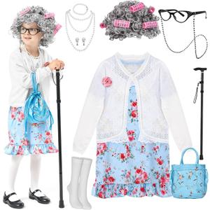 MGparty 100th Day of School Costume for Girls, Old Lady Costume for Kids, Grandma Cosplay Dress Up (8-10 Years)