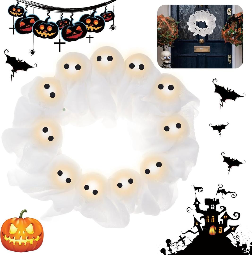 Light-Up Halloween Ghost Wreath, 12 Glowing White Spooky Halloween Wreaths for Front Door, Outdoor & Indoor Hanging Decoration for Wall Door, Halloweens Decor