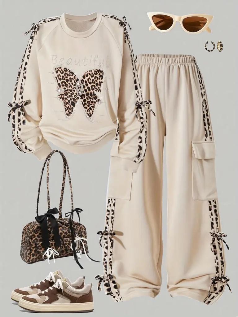 RoseSeek Girl's Y2K Leopard Print Outfit Long Sleeve Bow Sweatshirt Baggy Cargo Pants Set Two Piece Sweatsuit Apricot 13Y