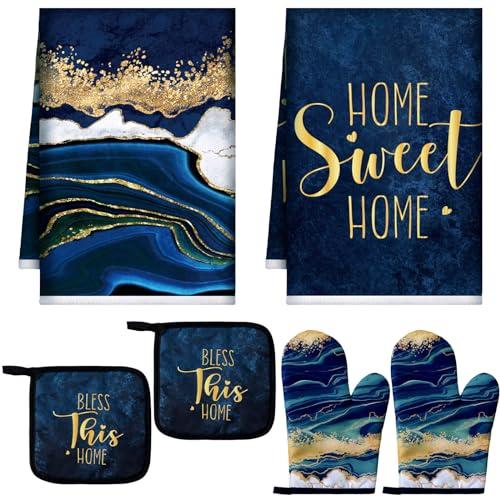 Bencailor 6 Pcs Marble Kitchen Decor Gold Pot Holders Oven Mitts 2 Dish Towels 2 Farmhouse Cooking Mittens Oven Glove and Potholder for Baking Cooking Grilling Supply Accessories (Blue)