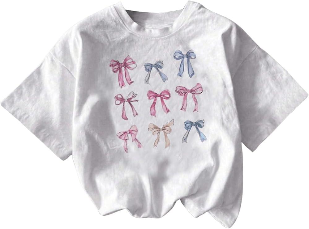 RoseSeek Girl's Graphic Tees Short Sleeve Bow Print Tee Tops Crew Neck Drop Shoulder Casual Summer T Shirts Size: 9 Years
