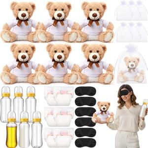 Soulchen 6 Set Bear Blindfolded Diaper Changing Baby Shower Games 14 Inch Bear Plushes with Dolls Diapers Bottles Shirts for Gender Reveal Bridal Shower Game Prize Gift Guest Adult(Khaki)