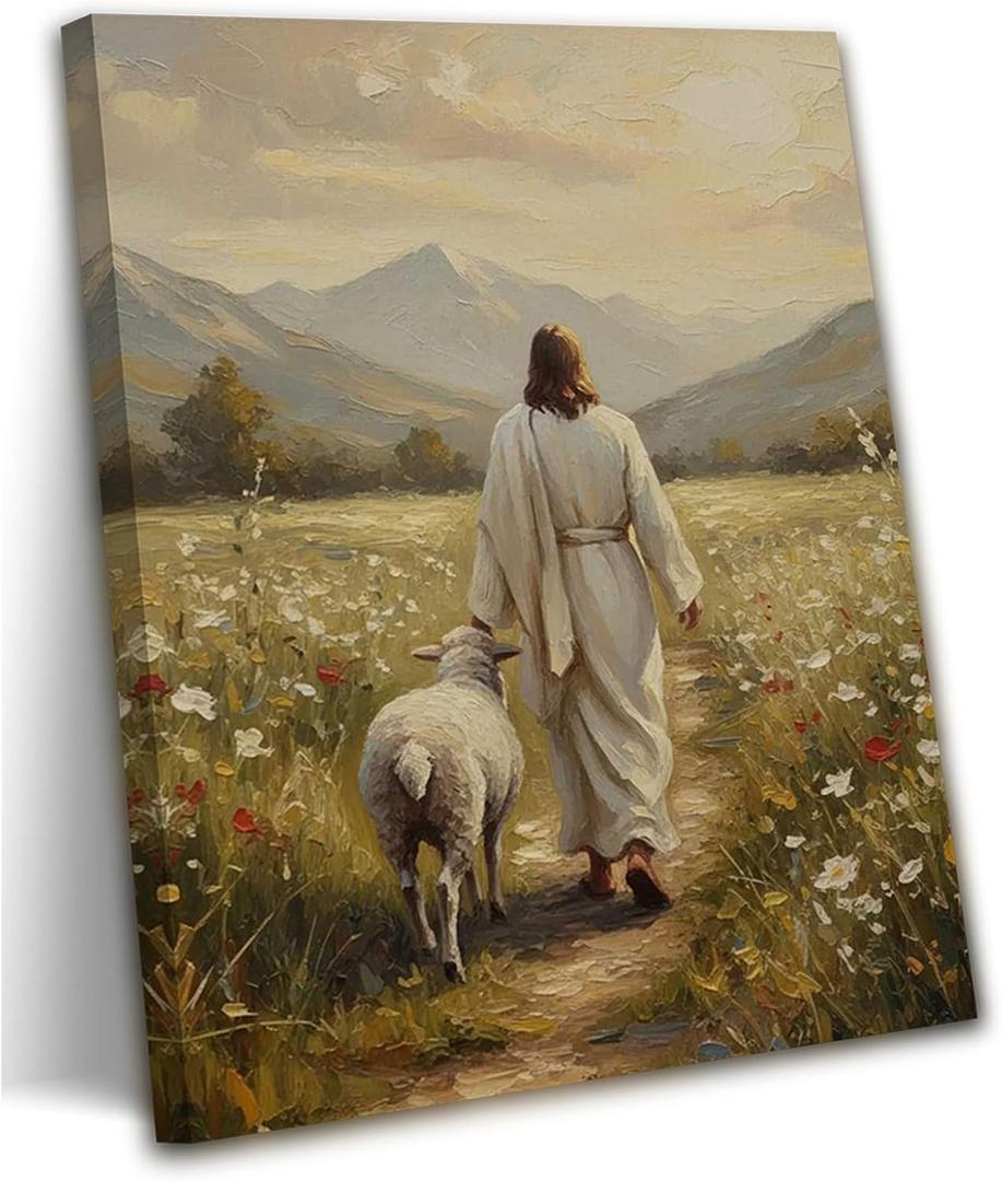 Jesus Leaves The 99 Sheep Canvas Wall Art Christian Lost Sheep Poster Prints Jesus and Lamb Painting God Religious Faith Painting Wall Decor Artwork for Home Church Prayer Room16x24 (Stretched Canvas On A Wooden Frame)