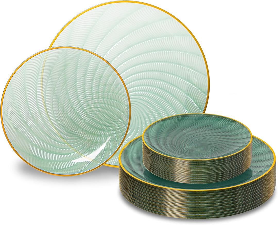 60PCS Green Plastic Plates for Party, Heavy Duty Disposable Plate with Gold Rim, Elegant Spiral Design 30 Dinner & 30 Dessert Plates for Wedding, Birthday(Translucent Green)