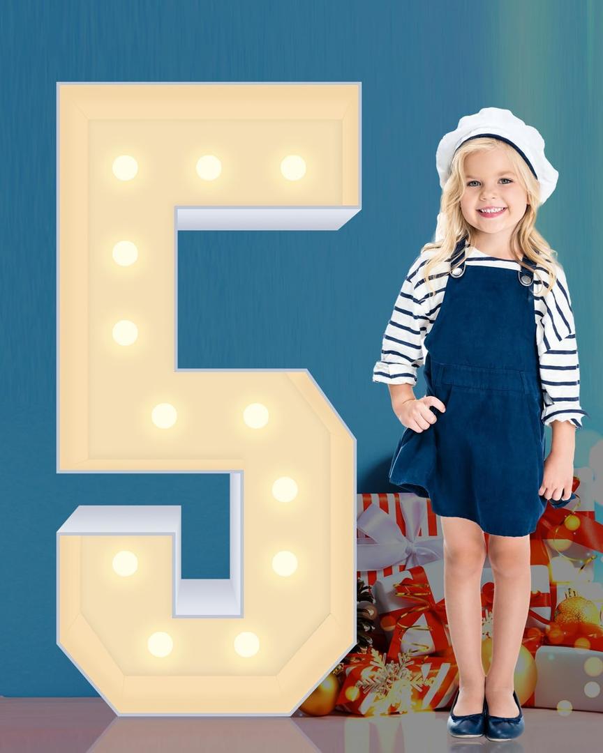 4FT Plastic Marquee Numbers 5, Light up Numbers Made of Corrugated Plastic Board, No Tools Required, Quick Assembly, Disassembled into Blank Yard Signs, Poster Board