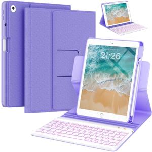 BLUTLOTUS Keyboard Case for iPad 9.7 inch 5th 6th Generation,360 Rotatable iPad Air 2 Keyboard Case with Pencil Holder(2018/2017/2014),7 Color Backlit Removable Bluetooth Smart Folio Cover(Purple)