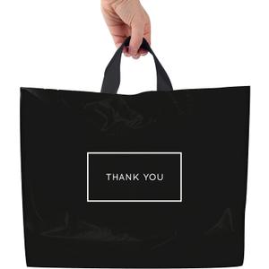 Purple Q Crafts Thank You Bags for Business Black Plastic Bags 50 Pack with Soft Loop Handle