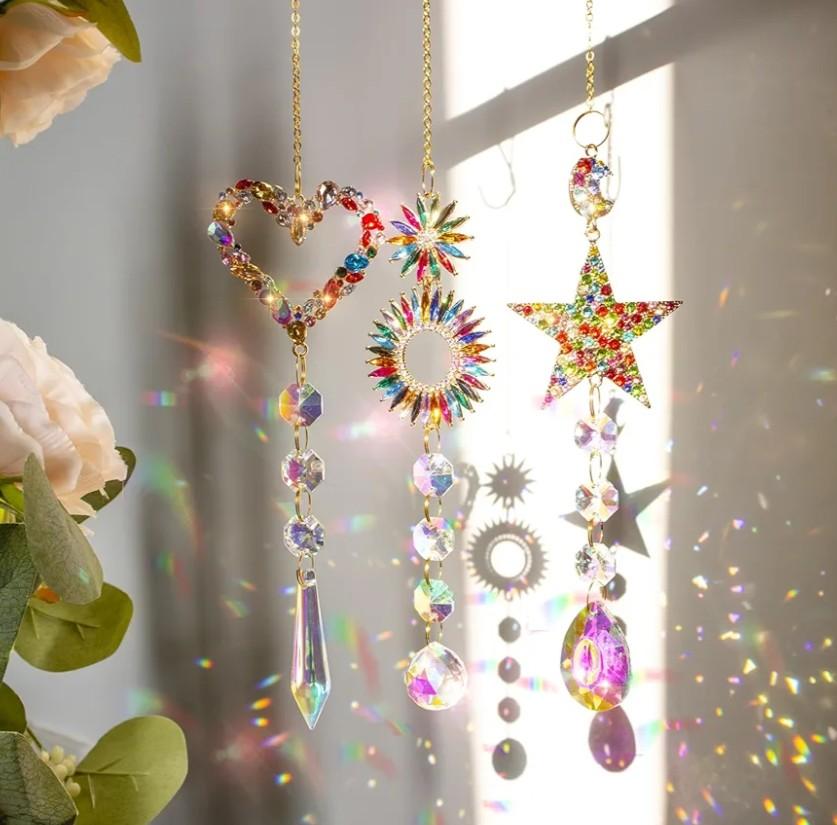 Crystal Suncatchers for Windows-3PCS Stained Glass Hanging Ornaments with Star & Heart Pendants, Rainbow Light Catchers for Home Garden Decor, Unique Gifts for Mom Women Mother's Day Birthday