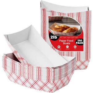 Paper Food Trays Boats | 2 Lb. - 250 Pack | Heavy Duty Grease Resistant Nacho Hot Dog Trays | Disposable Cardboard Paper Food Tray for Serving Food Party, Snack Taco Bowls, Concession Stand Supplies
