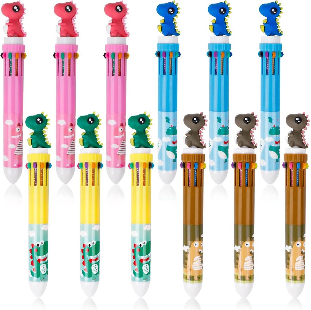 12Pcs 10-in-1 Multicolored Pens, Retractable Ballpoint Pens, Cute Animal Cartoon Shuttle Pens, Work Supplies, Party Favor, Gift (0.5mm, Dinosaur)