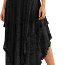 YKR Womens Lace Long Skirts Elastic Asymmetrical Layered Hem Sexy See-Through Flowy Skirts Floral Beach Maxi Skirt (Medium, Black)