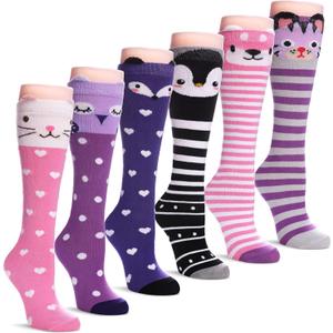 TRUEHAN 6 Pairs Girls Knee High Socks 3-12 Years Cartoon Animals Warm Cotton Long Tall Boot Socks (Cute Animal 02)