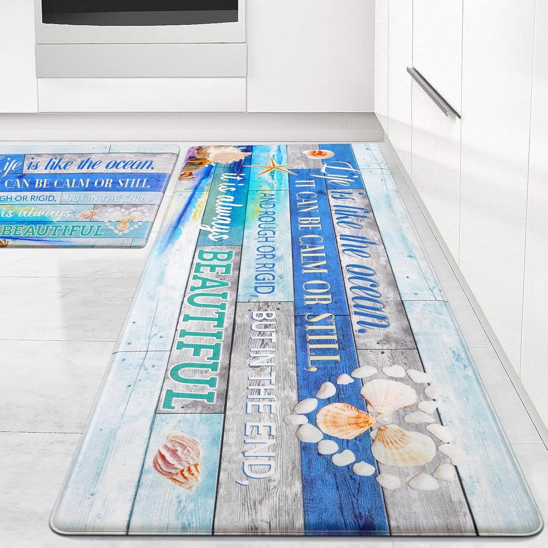 Likiyol Beach Kitchen Rugs Set of 2 Anti Fatigue Mats, Coastal Ocean Non Slip Washable Floor Mats for Decor, 18'' x 48'' and 18'' x 30''