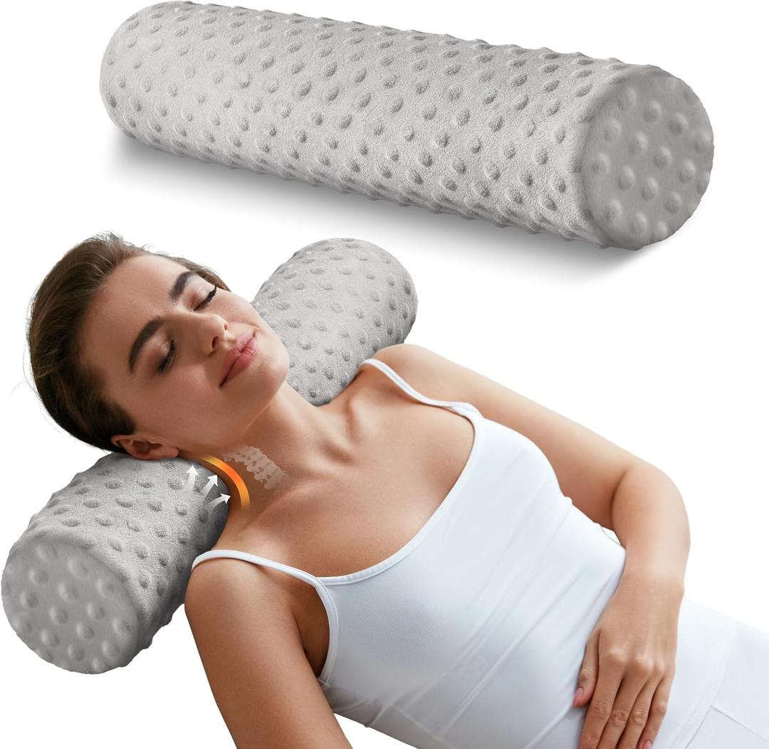 Memory Foam 4" Round Pillow, Cervical Neck Pillow for Pain Relief, Cylinder Pillows 18"x 4", Removable Cover, Neck Roll Pillow for Sleeping, Velvet Dots, Grey