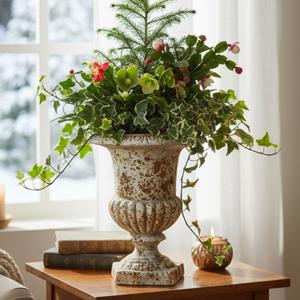 Small 9.1'' H Vintage Urn Planter, Distressed Retro Tabletop Flower Pot with Drainage Hole, Lightweight Decorative Pedestal Planter for Indoor Plants, Office Desk, Shelf, Patio Table Decor, 9.1 Inches X 7.1 Inches X 7.1 Inches