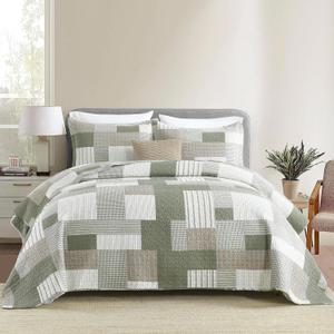 Plaid Quilts Queen Size - 3 Pieces Quilt Set - 100% Cotton Farmhouse Quilt Bedspread Bedding Set for All Season - Reversible Lightweight Comforter Set - Brown/Green/White