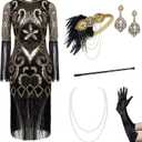 BABEYOND 1920s Flapper Dress Set Long Fringe Gatsby Dress Roaring 20s Sequin Beaded Dress Vintage Art Deco Dress (Small)