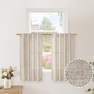 BGment Linen Curtains for Kitchen Cafe Window 34 X 36 Inch Long, Beige Half Window Drapes Semi Sheer Light Filtering with Rod Pocket Back Tab for Bathroom, 2 Panels