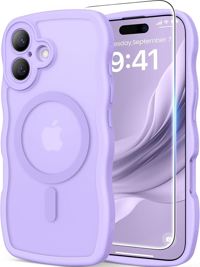 3 in 1 Magnetic for iPhone 17 Case, Cute Wavy [Full Camera Protection] [Fit for MagSafe] 1X Screen Protector+1X Wrist Strap, Anti-Slip Trendy Women Girly Phone Case for iPhone 17 6.3", Light Purple